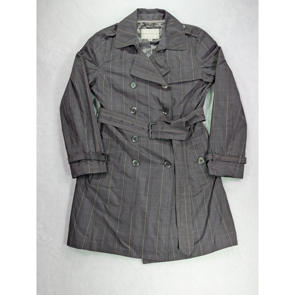 Banana Republic Trench Coat S Petite Gray Plaid Check Double Breasted Belted